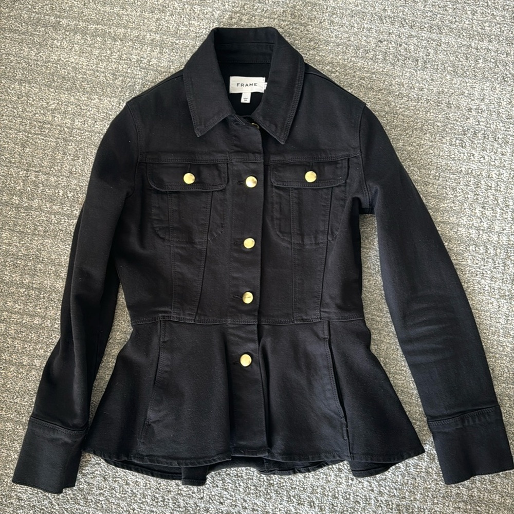 Frame Flounce Black Cotton Gold Button Denim Peplum Jacket  Size XS $350